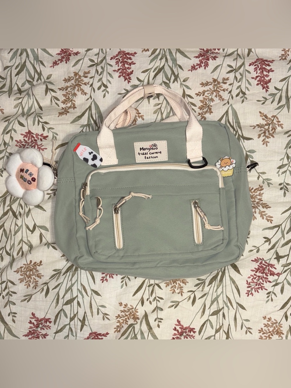 Sage green kawaii messenger Tote Bag with accessories